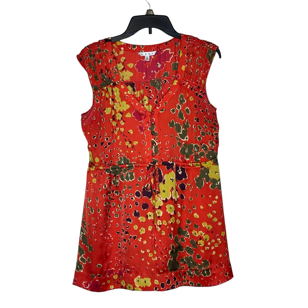 Cabi Women's Tunic‎ Top Wild Flower Art Teacher Floral Satin Tie Waist Medium